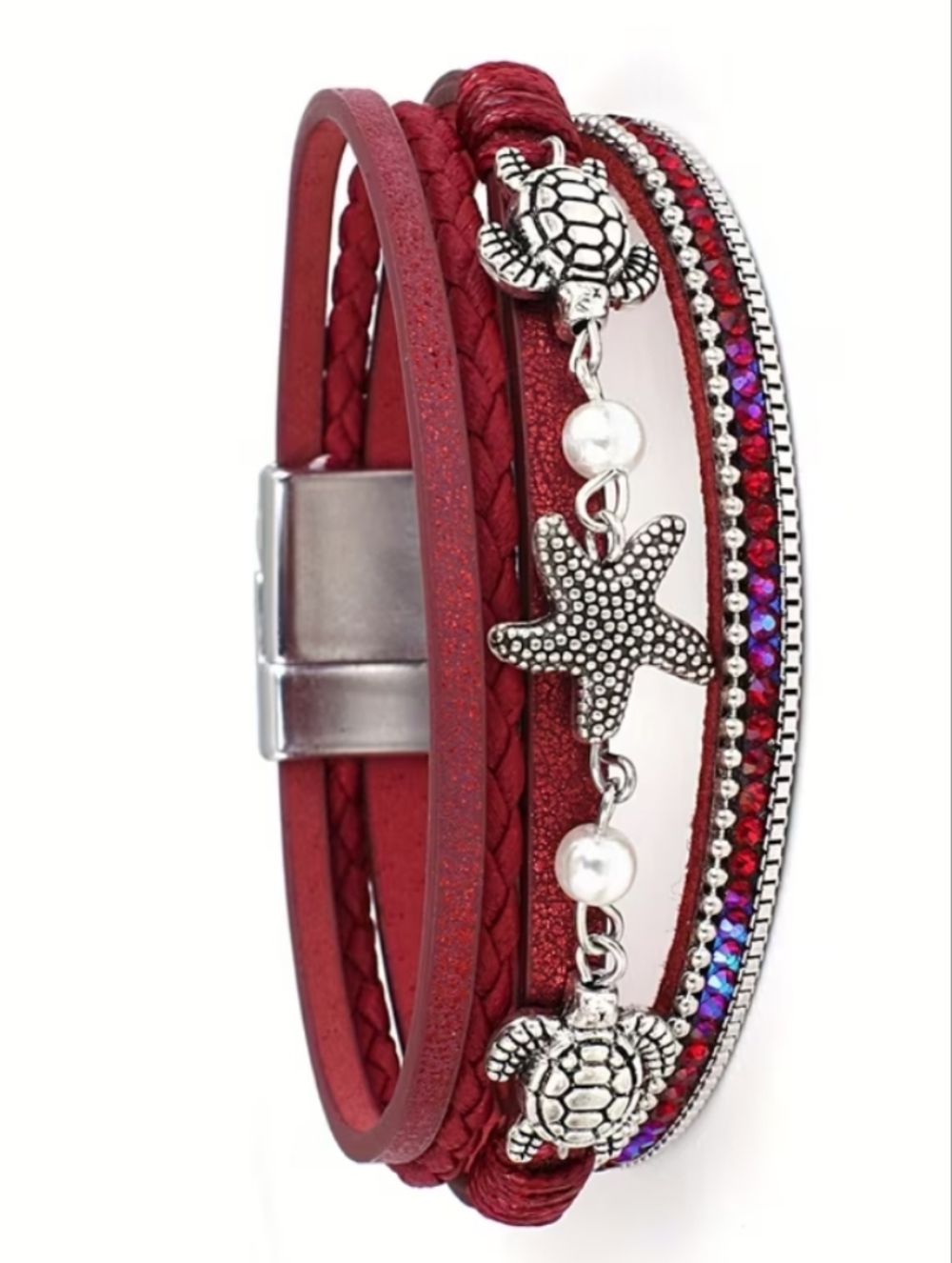 Red Multi-Strand Sea Life Charm Bracelet with Starfish & Turtles